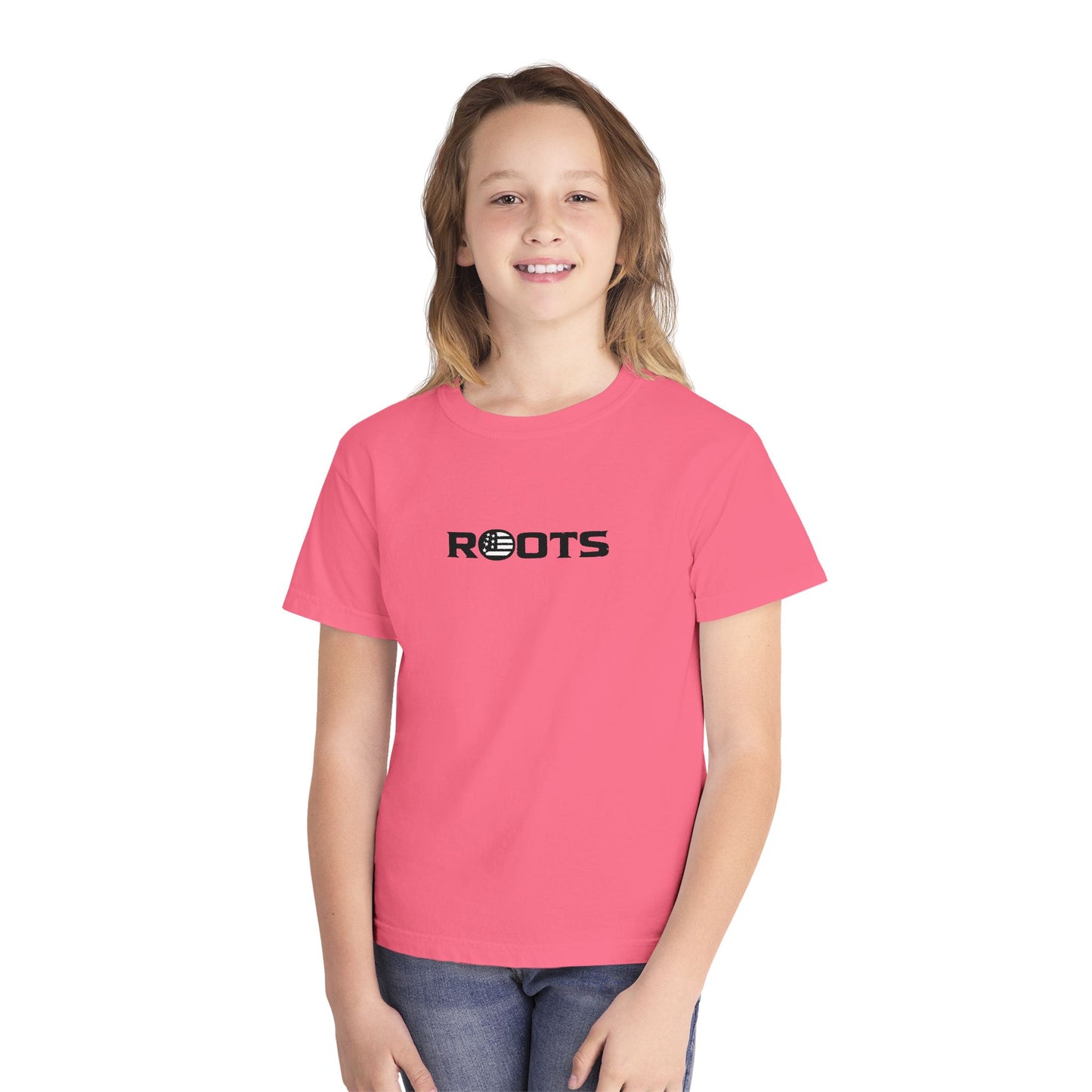 Youth Tee — 'ROOTS' Front Logo & Distressed American Flag Heart Back
