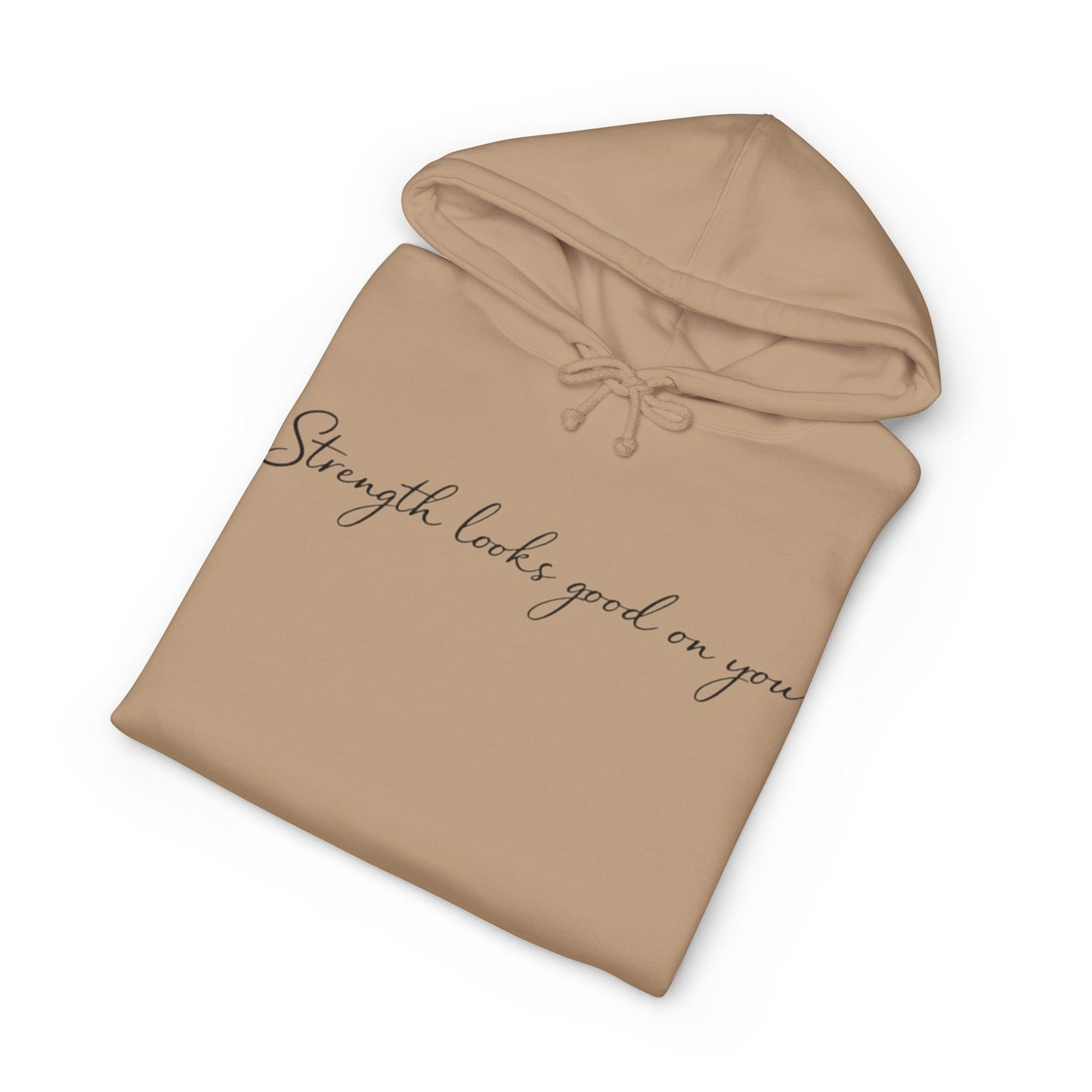 Hoodie — “Strength Looks Good on You” Minimal Script Hoodie with Sleeve Branding