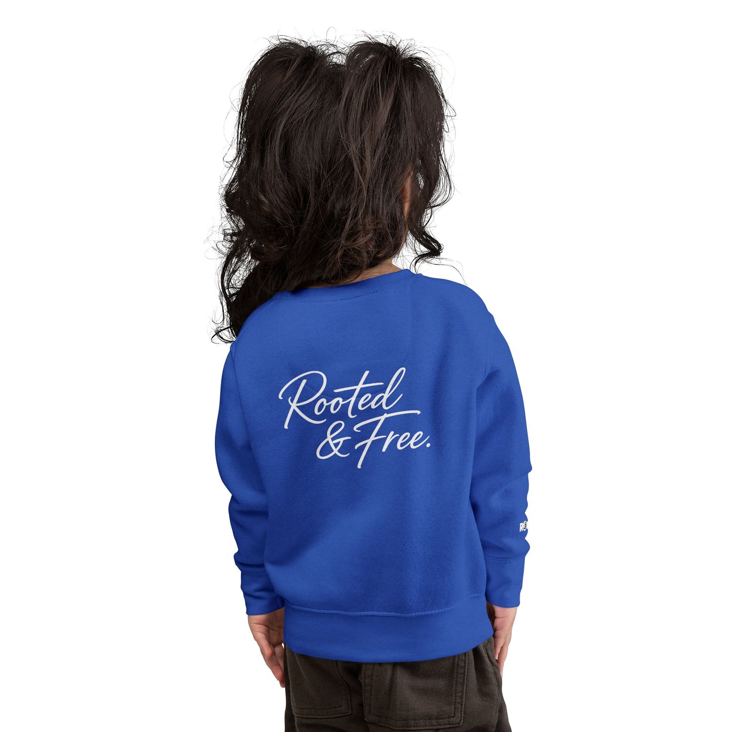 Rooted & Free Toddler Sweatshirt — Grey Cozy Crew with Script Back