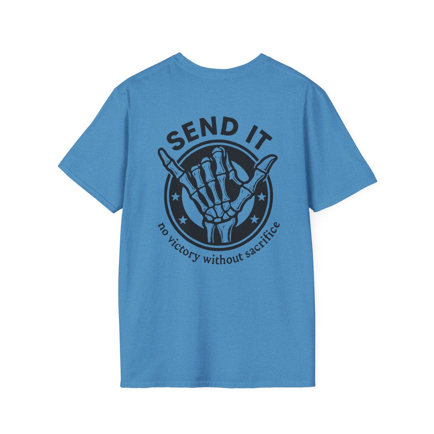 Send It Skeleton Shaka T-Shirt — "No Victory Without Sacrifice" Graphic Tee