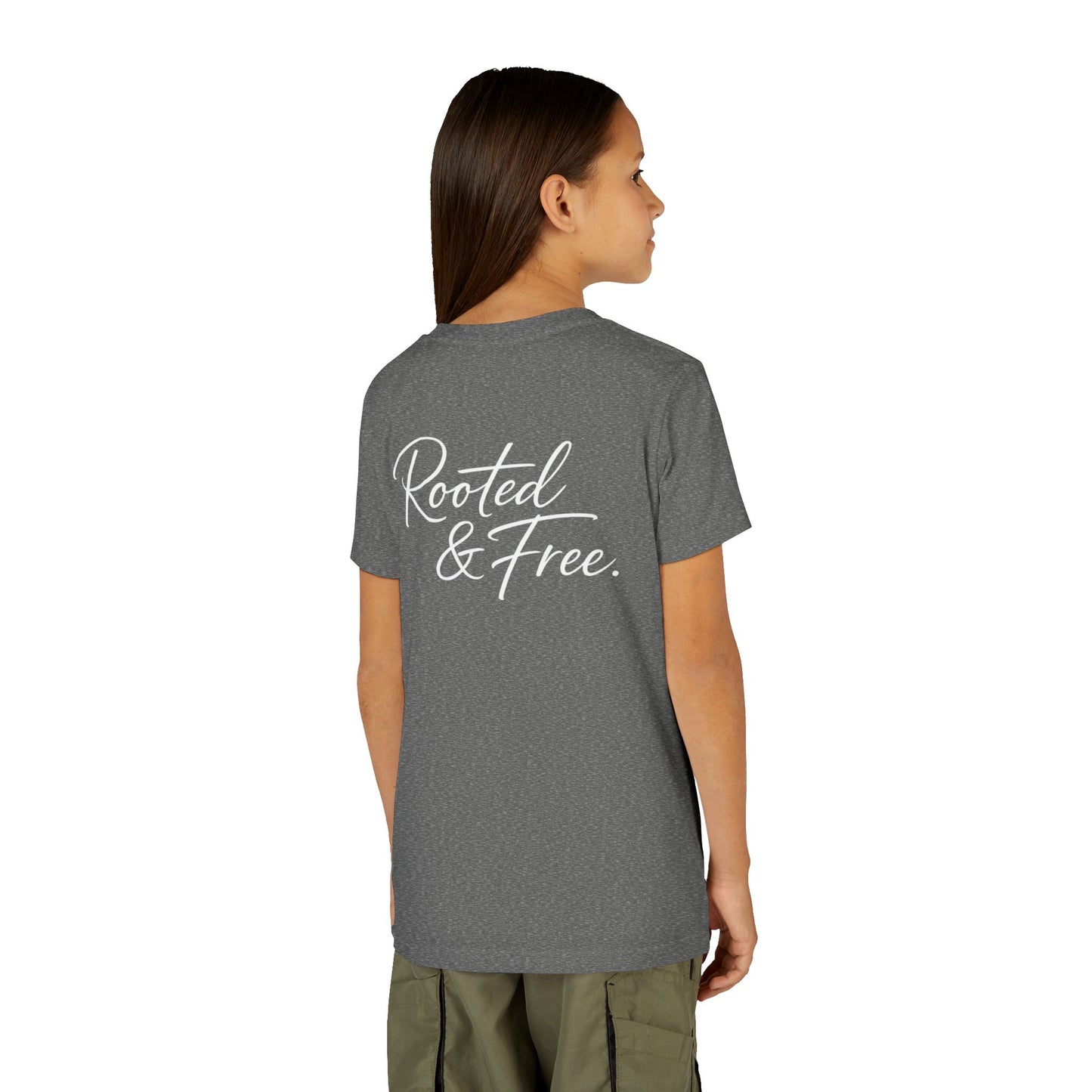 Youth Tee — "Rooted & Free" Script Back with Mini Crest Front