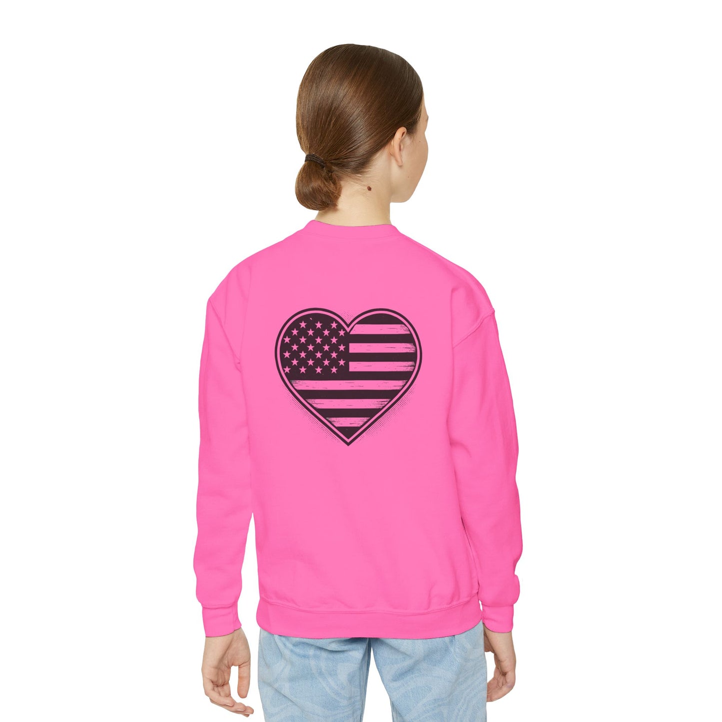 Youth Crewneck Sweatshirt — Black & White American Flag Heart Graphic