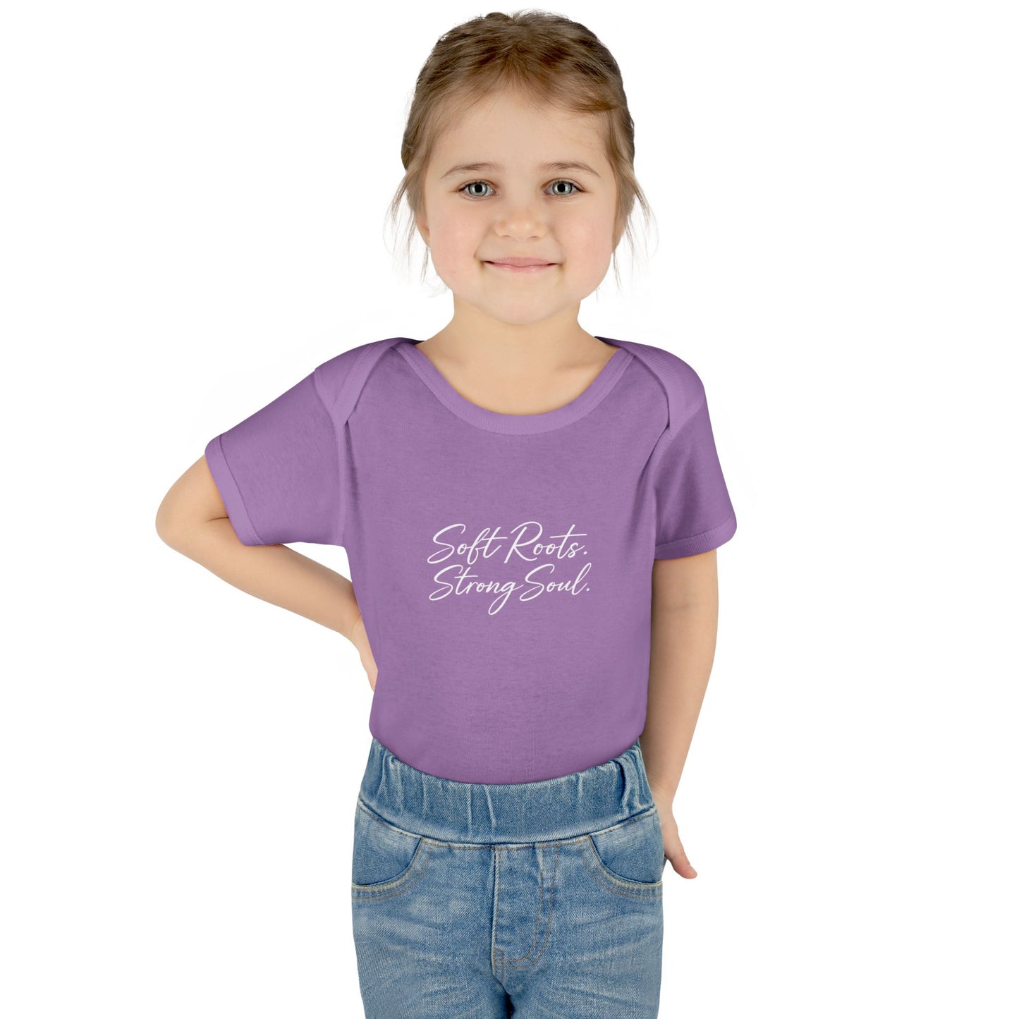 Infant Bodysuit — "Soft Roots. Strong Soul." Script Baby Onesie (Earthy Brown)