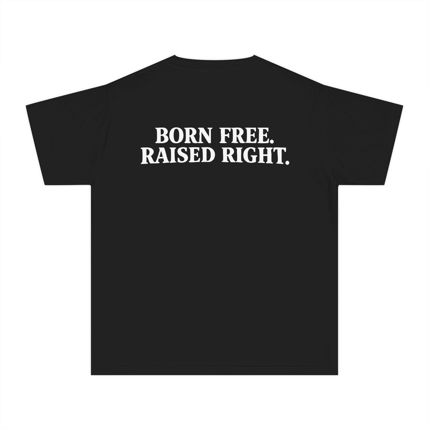 Roots Youth Tee — "Born Free. Raised Right." Vertical Logo Kids Shirt