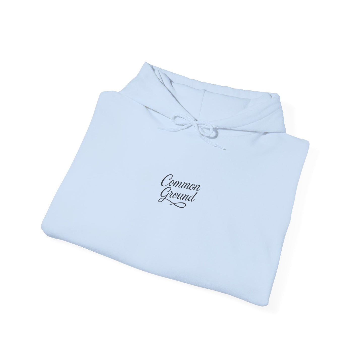 Common Ground Minimalist Logo Hoodie — White Pullover with Sleeve Emblem