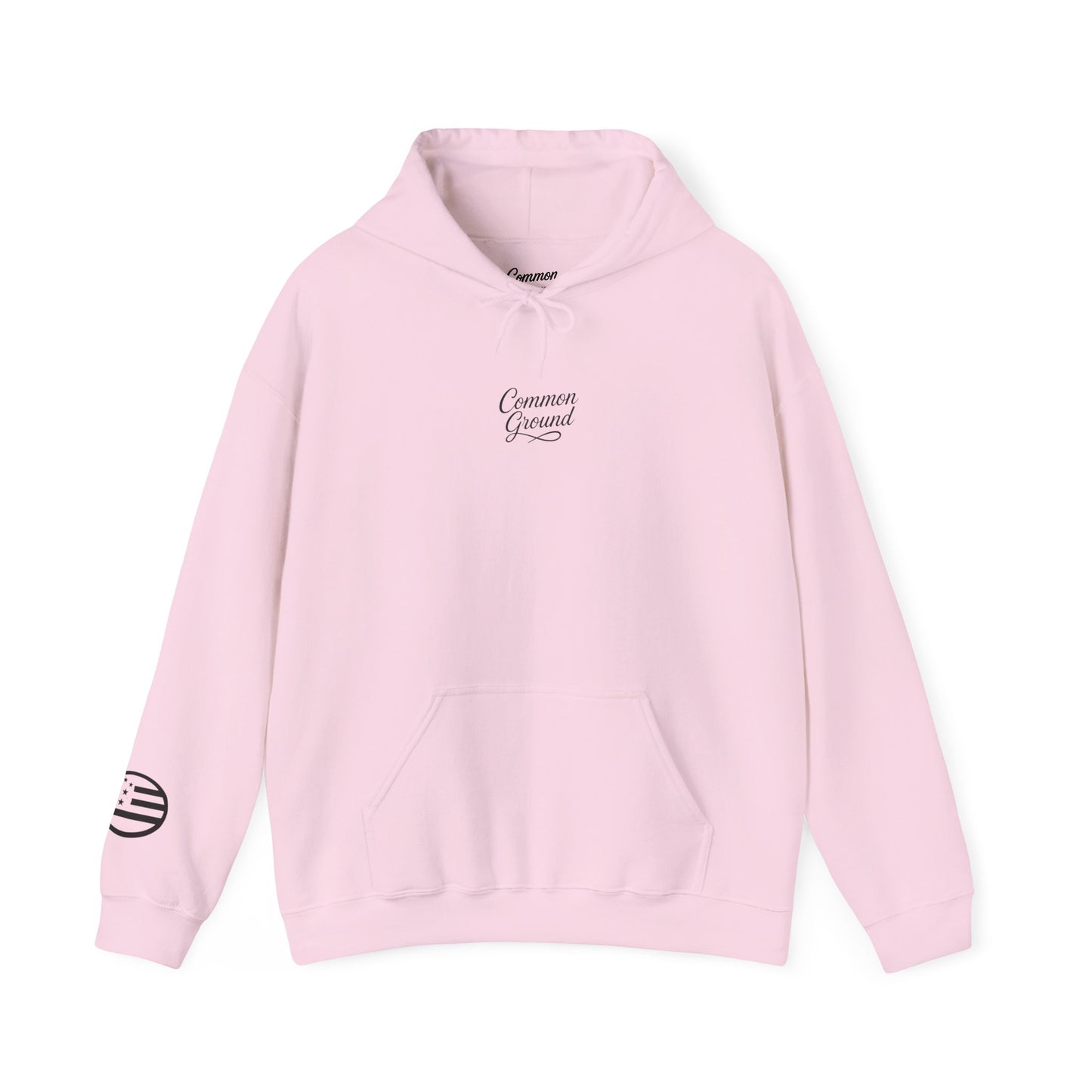 Common Ground Minimalist Logo Hoodie — White Pullover with Sleeve Emblem