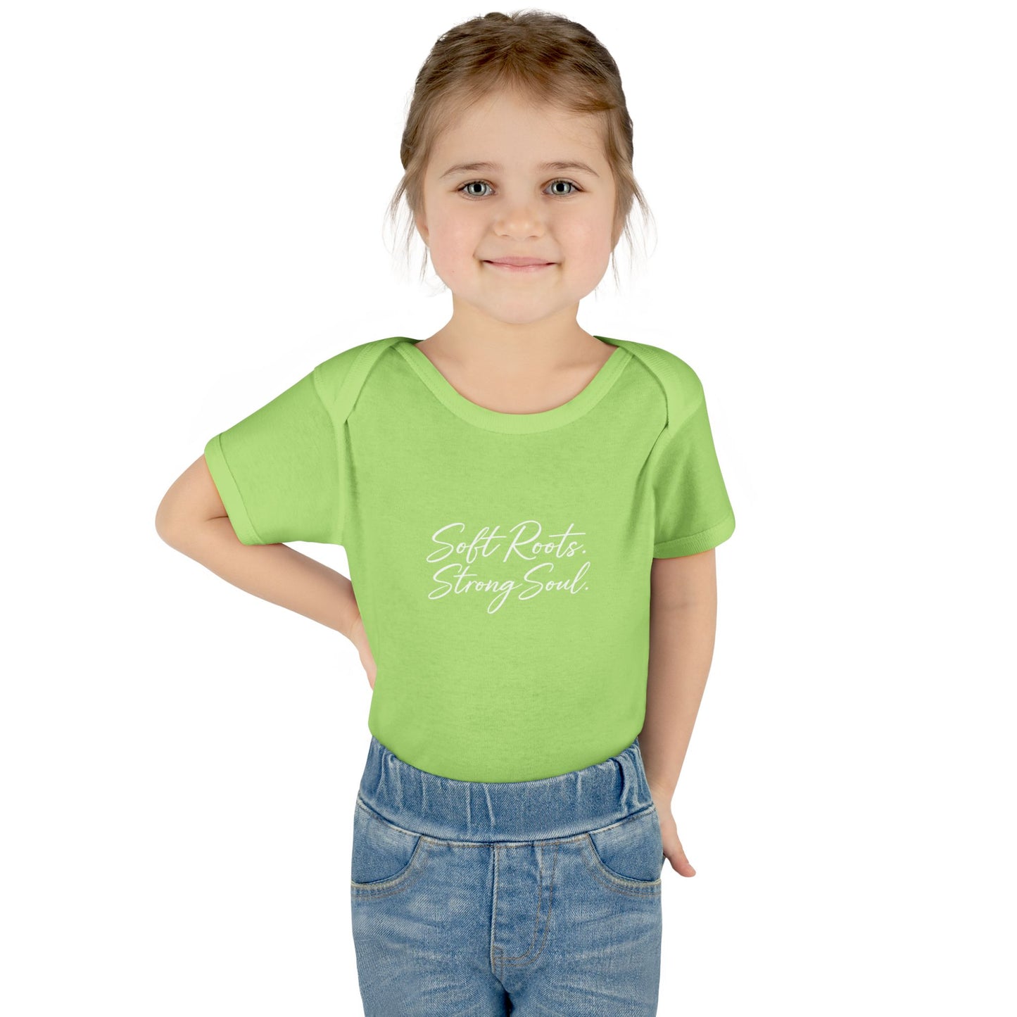 Infant Bodysuit — "Soft Roots. Strong Soul." Script Baby Onesie (Earthy Brown)