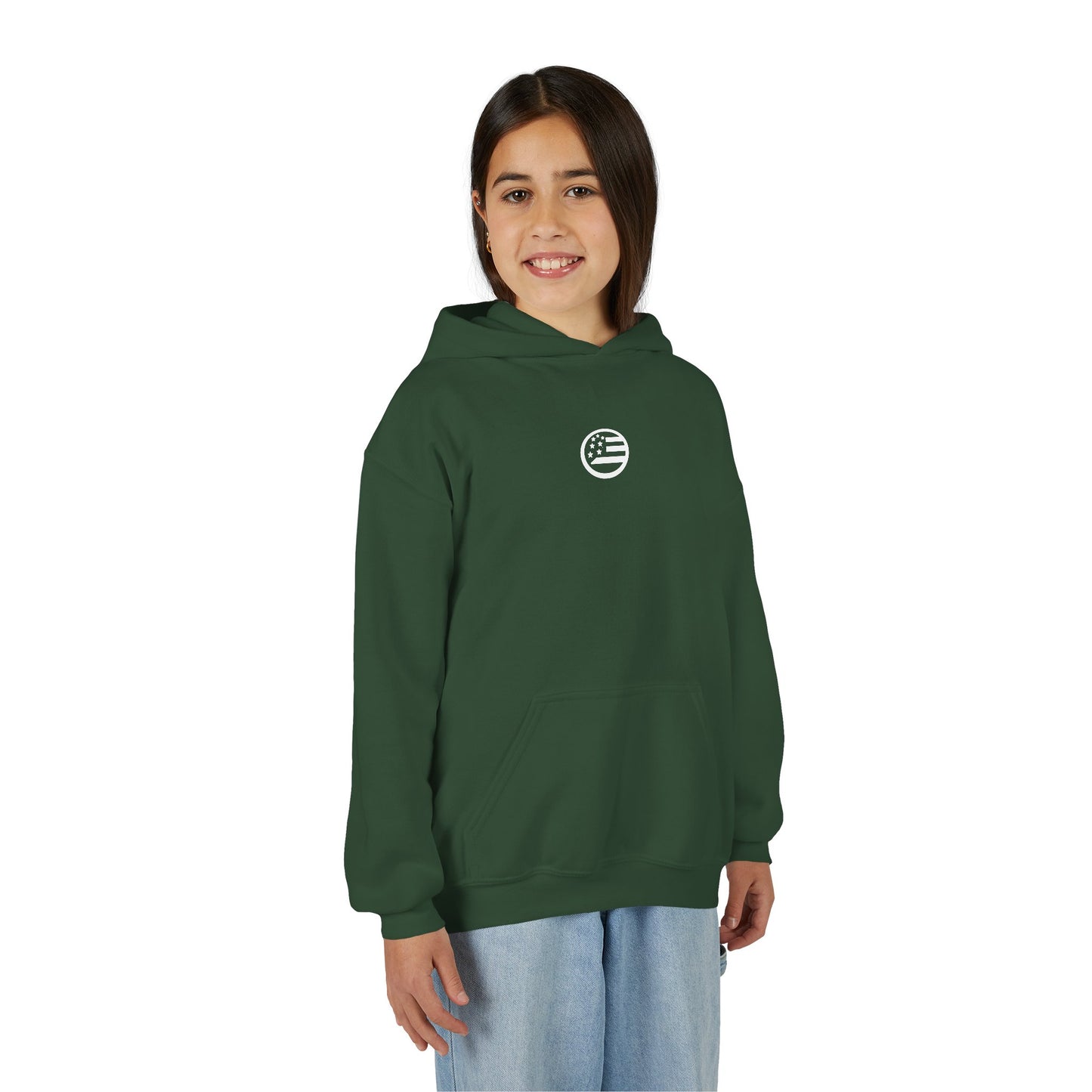 Youth Hoodie — "Rooted & Free" Script Back Design (Small Chest Logo)