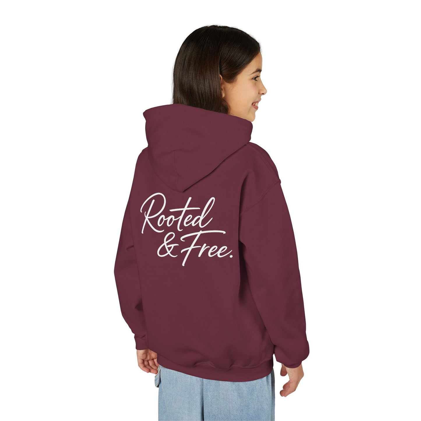 Youth Hoodie — "Rooted & Free" Script Back Design (Small Chest Logo)