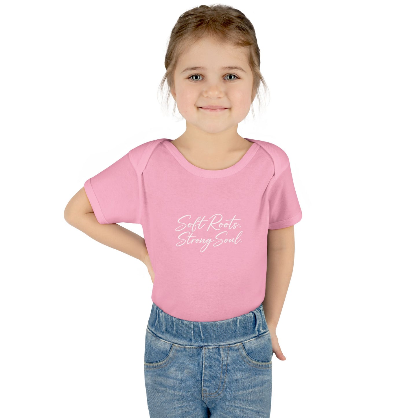 Infant Bodysuit — "Soft Roots. Strong Soul." Script Baby Onesie (Earthy Brown)
