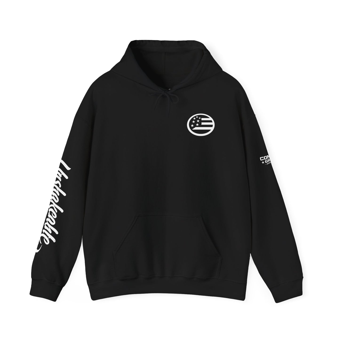 Hoodie — Black Americana Flag Logo Pullover with Script Sleeve