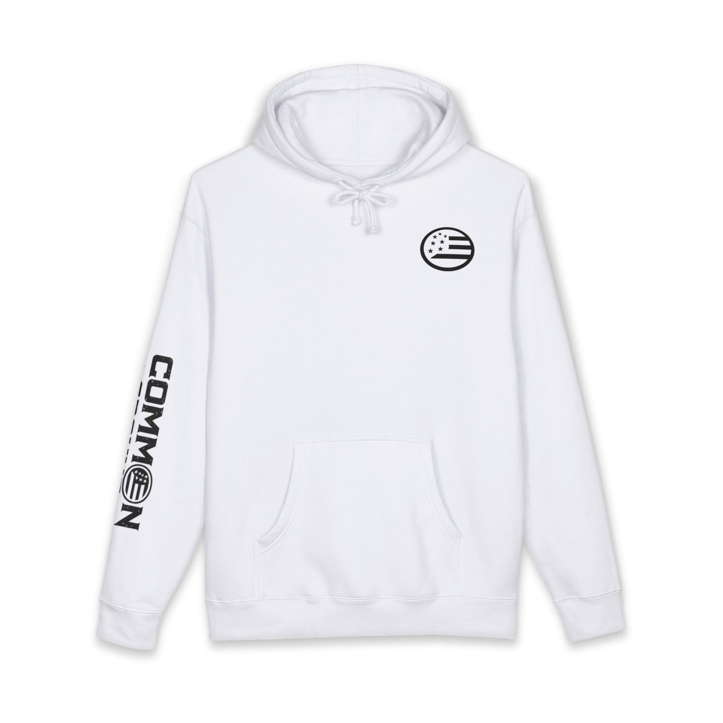 Common Apparel White Hoodie — Flag Patch Chest & Sleeve Logo Pullover