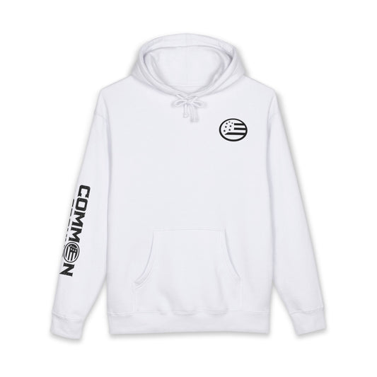 Common Apparel White Hoodie — Flag Patch Chest & Sleeve Logo Pullover