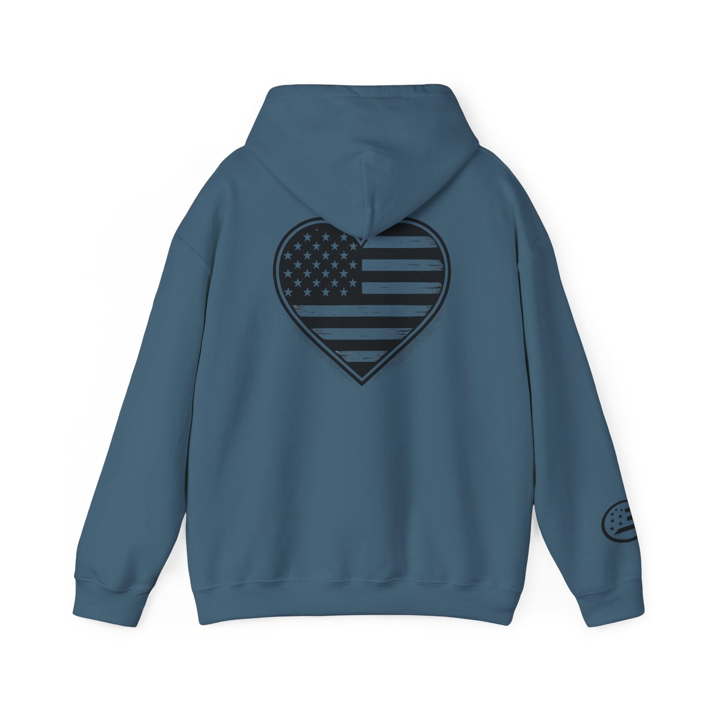 American Flag Heart Hoodie — Black & White Patriotic Pullover