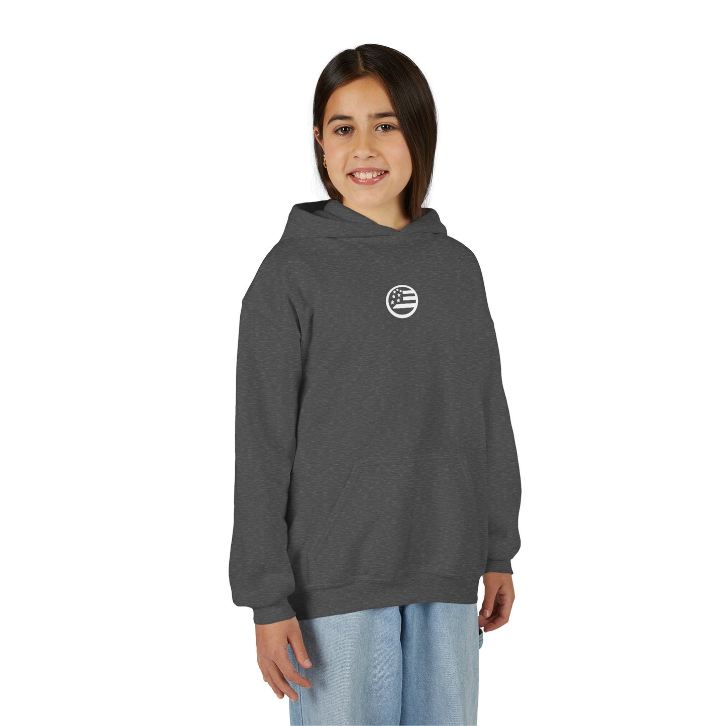 Youth Hoodie — "Rooted & Free" Script Back Design (Small Chest Logo)