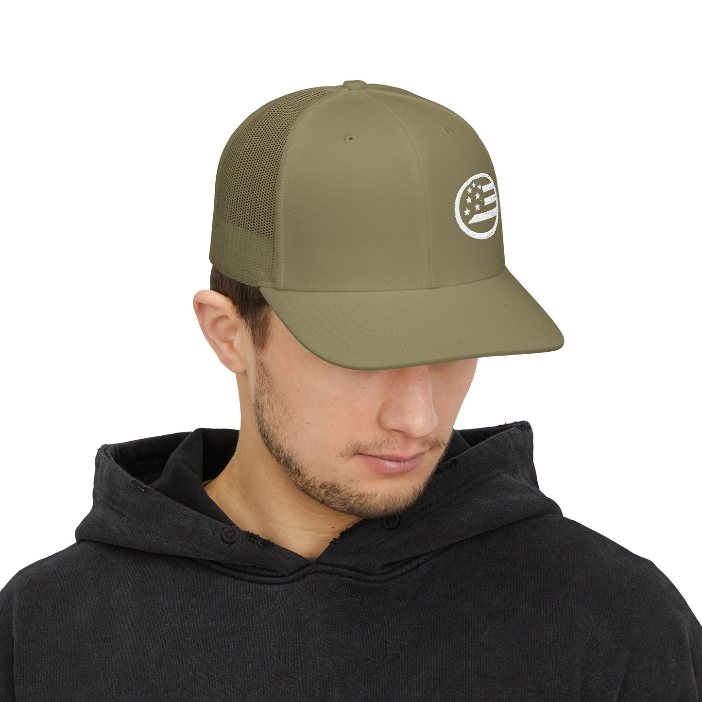 American Flag Circle Embroidered Trucker Hat — Snapback Mesh Cap