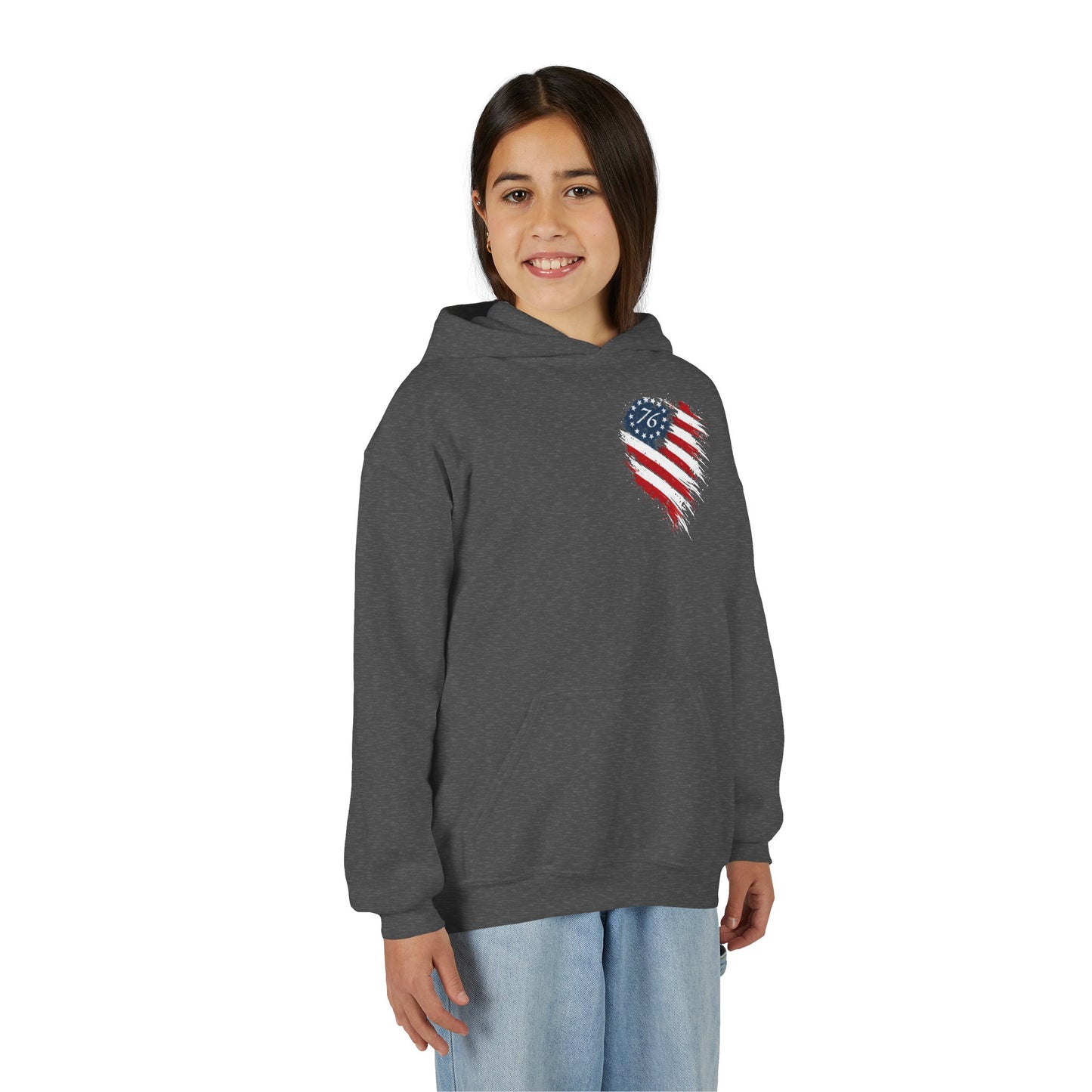 Youth Hoodie - Distressed American Flag Heart Patriotic Sweatshirt