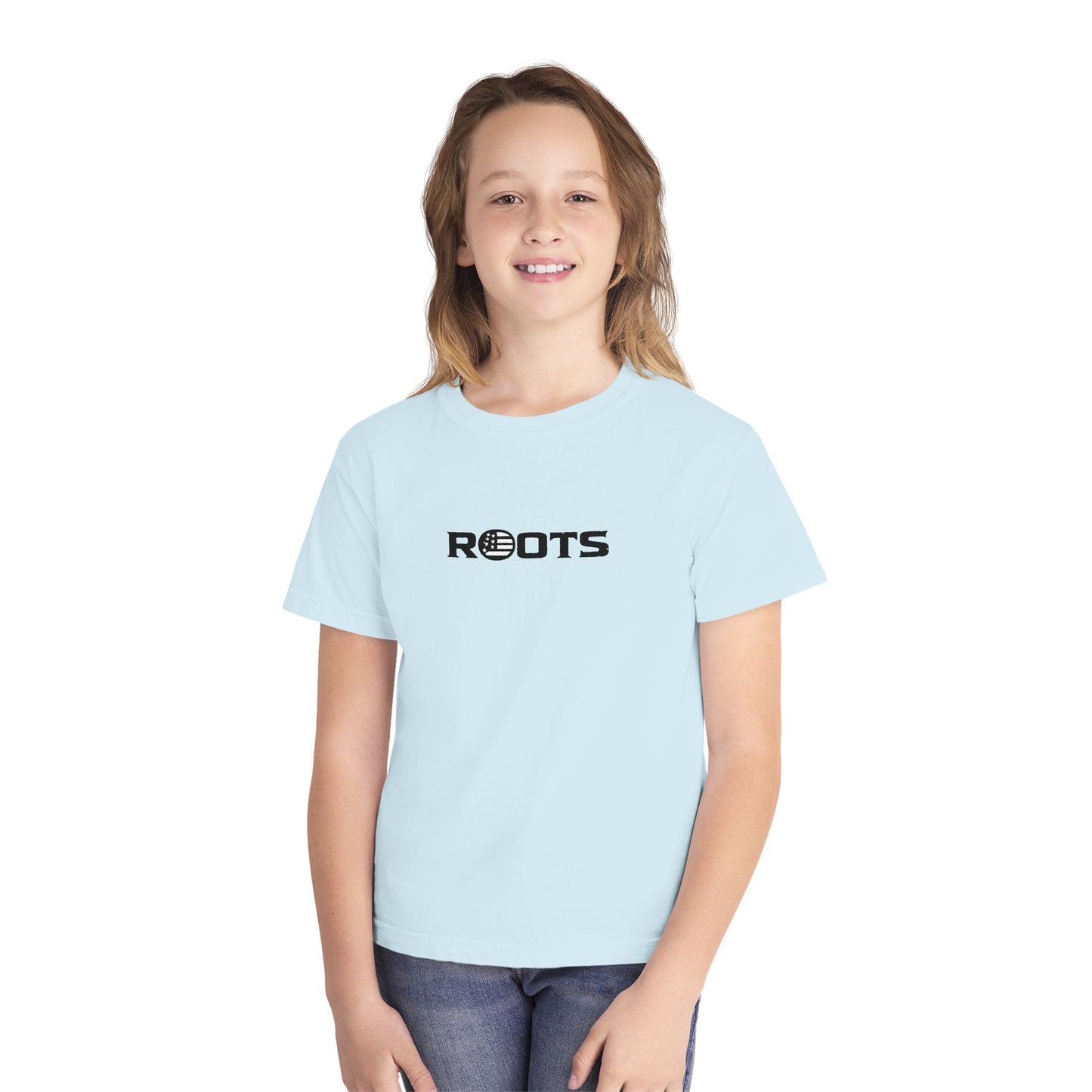 Youth Tee — 'ROOTS' Front Logo & Distressed American Flag Heart Back