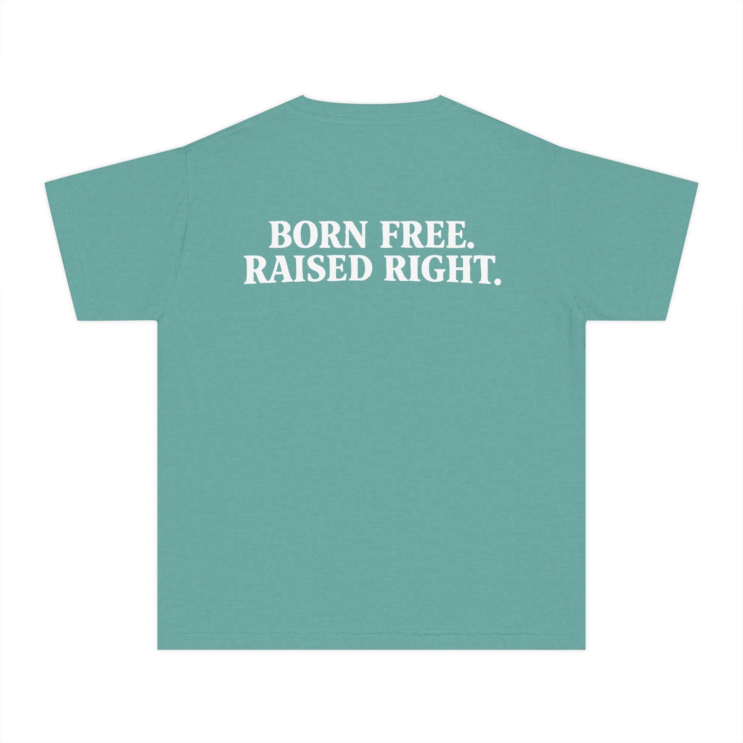 Roots Youth Tee — "Born Free. Raised Right." Vertical Logo Kids Shirt