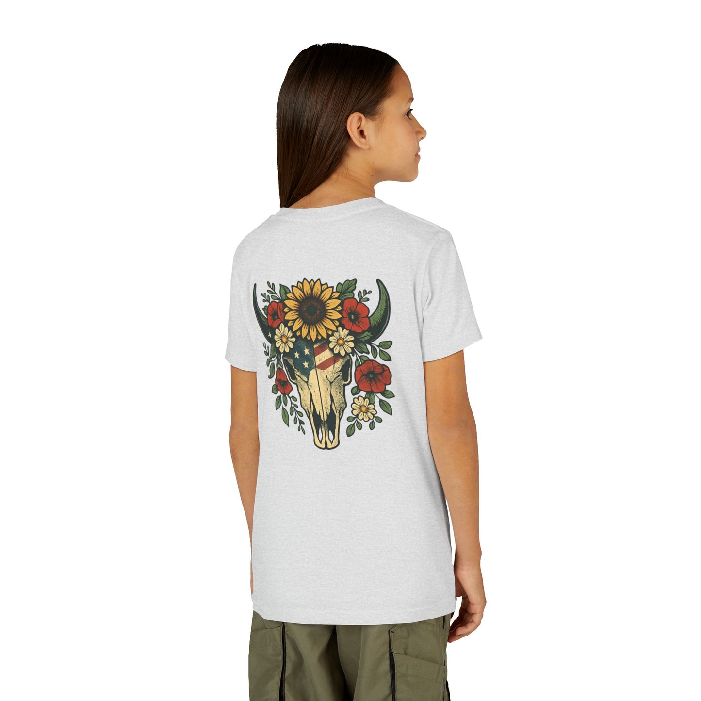 Youth Tee — Floral Bull Skull Graphic "Roots" Backprint