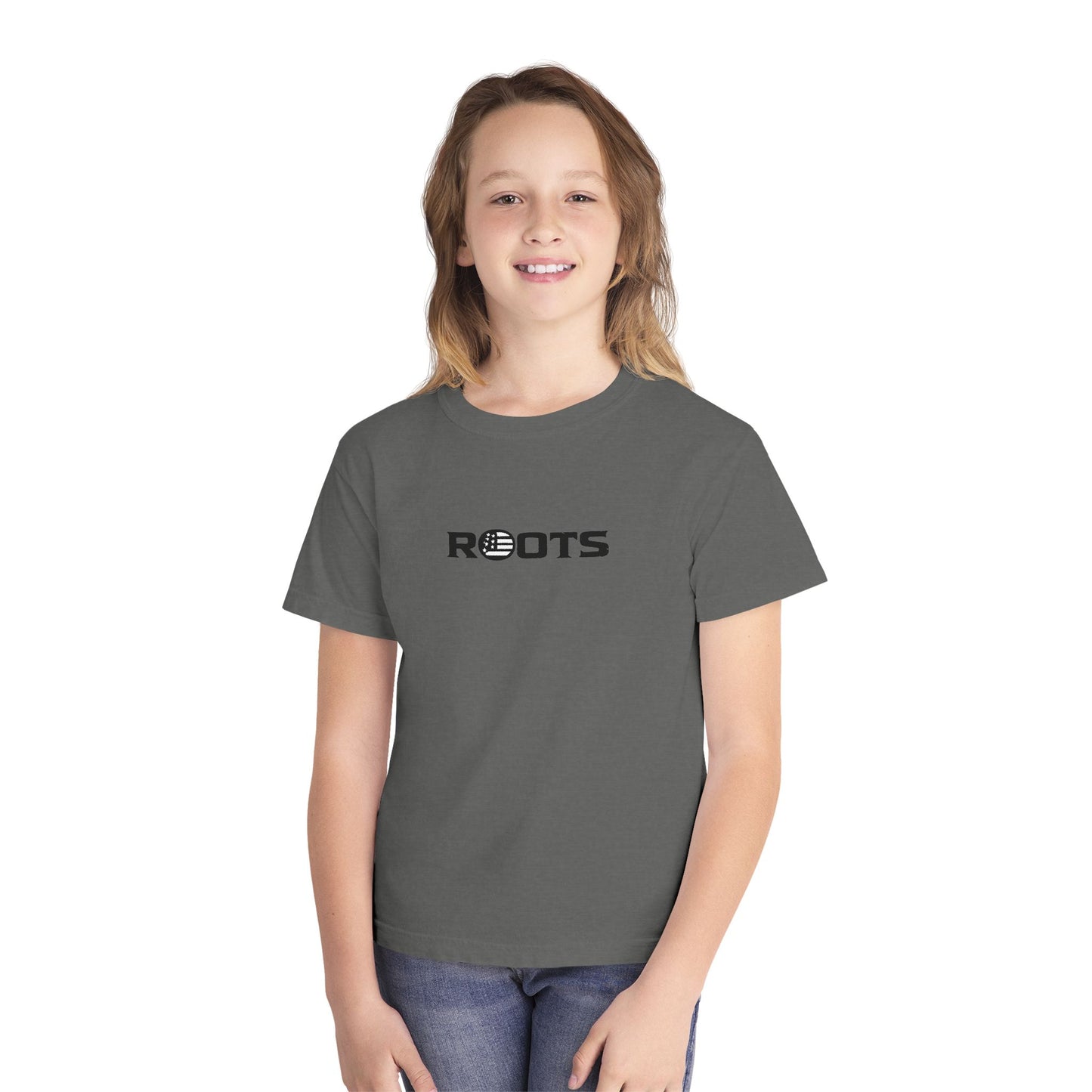 Youth Tee — 'ROOTS' Front Logo & Distressed American Flag Heart Back