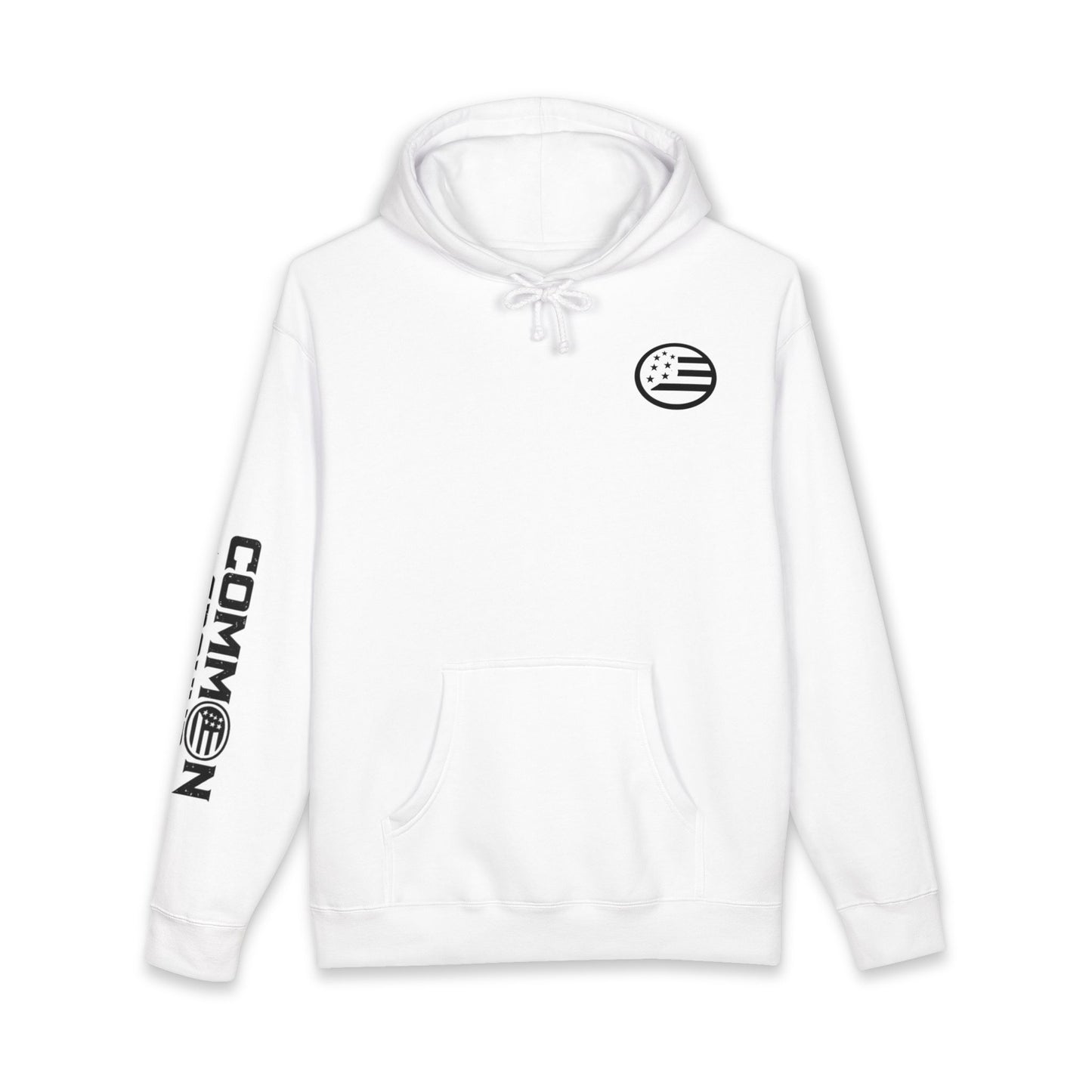 Common Apparel White Hoodie — Flag Patch Chest & Sleeve Logo Pullover