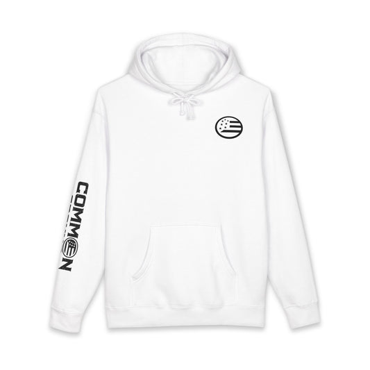 Common Apparel White Hoodie — Flag Patch Chest & Sleeve Logo Pullover