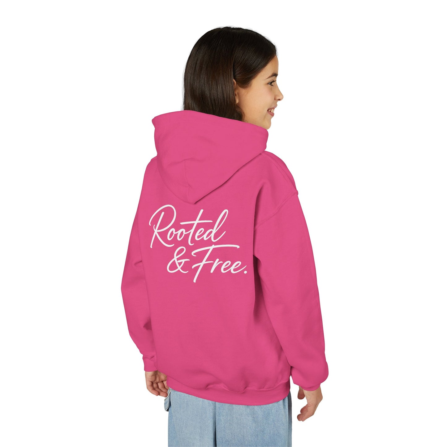 Youth Hoodie — "Rooted & Free" Script Back Design (Small Chest Logo)