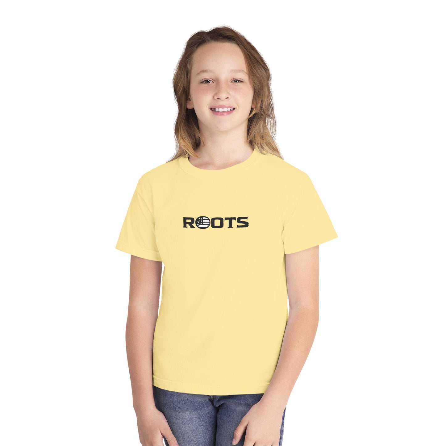 Youth Tee — 'ROOTS' Front Logo & Distressed American Flag Heart Back