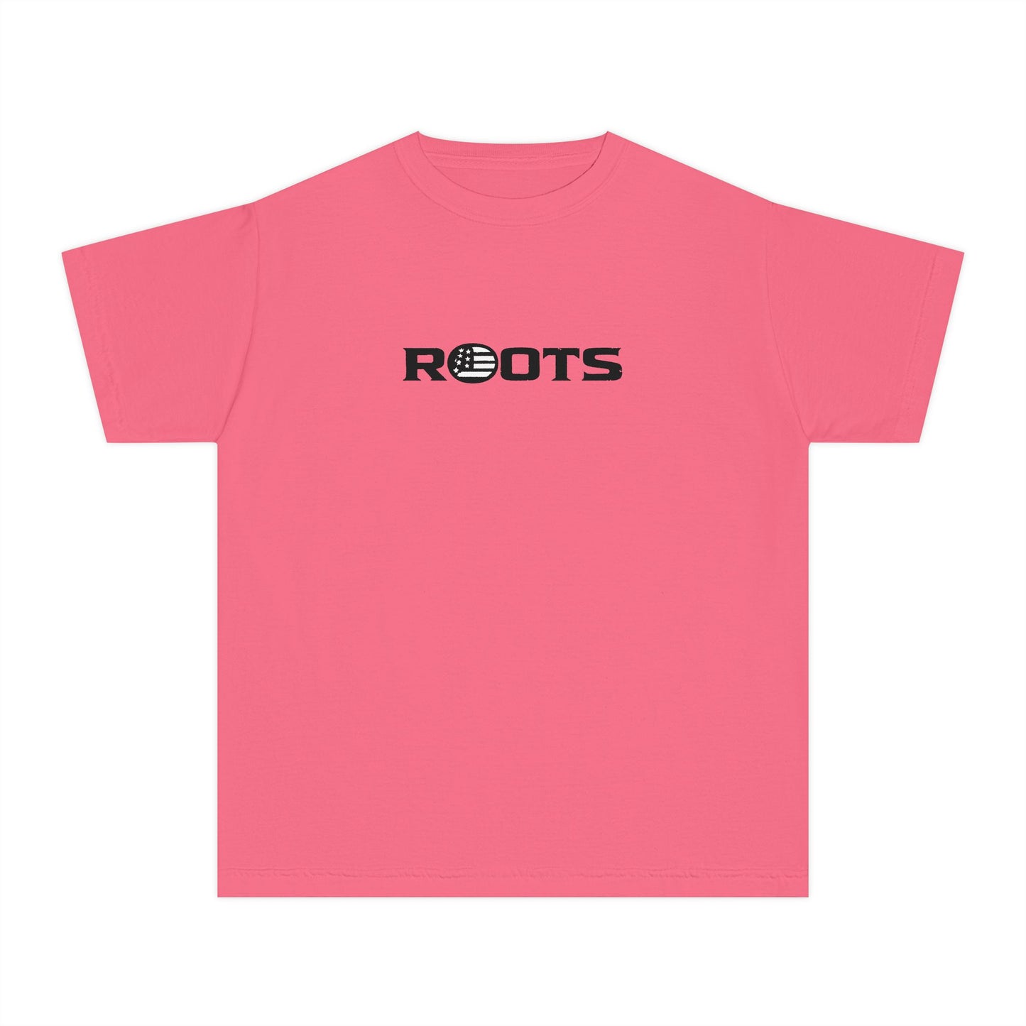 Youth Tee — 'ROOTS' Front Logo & Distressed American Flag Heart Back