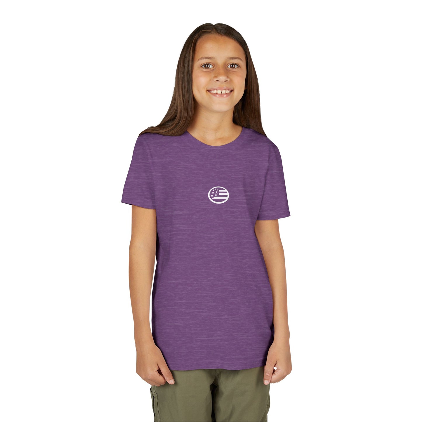 Youth Tee — "Rooted & Free" Script Back with Mini Crest Front