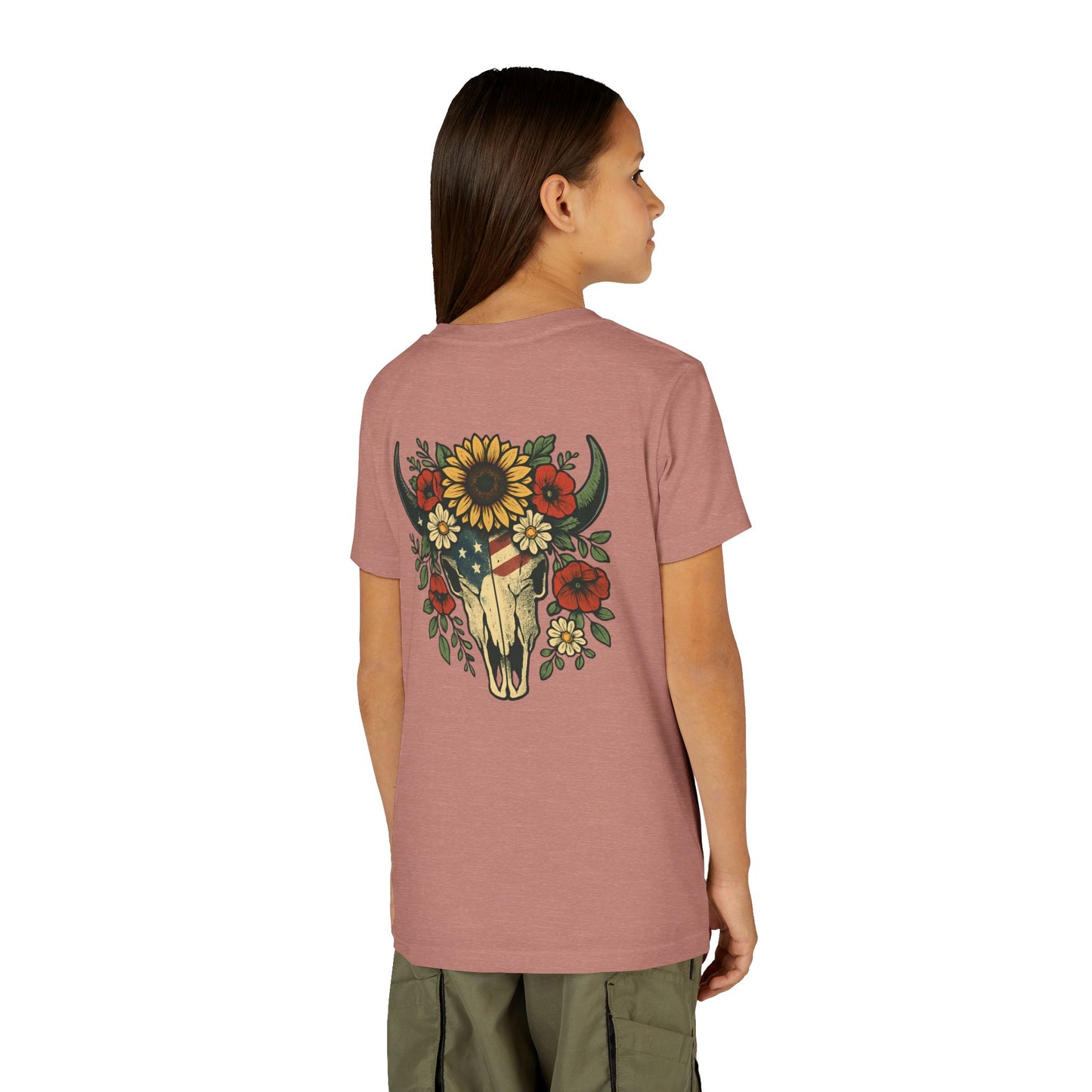 Youth Tee — Floral Bull Skull Graphic "Roots" Backprint