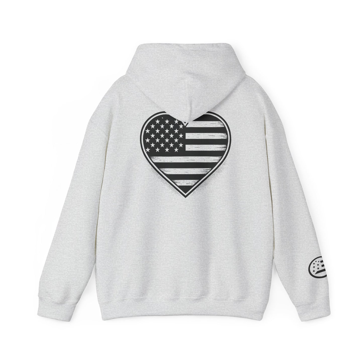 American Flag Heart Hoodie — Black & White Patriotic Pullover