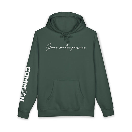 Grace Under Pressure Hoodie — 'Grace under pressure' Script Pullover with CommOn/Ground Sleeve Graphics