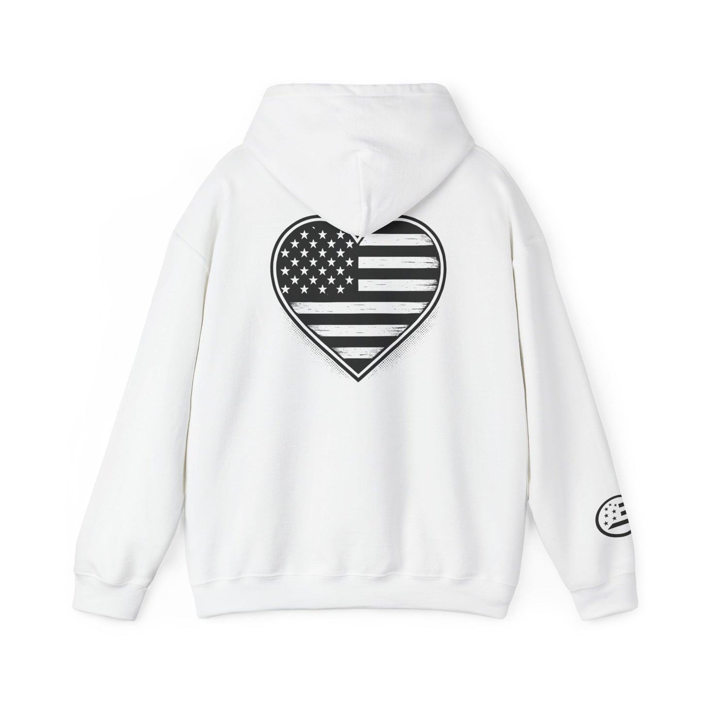 American Flag Heart Hoodie — Black & White Patriotic Pullover