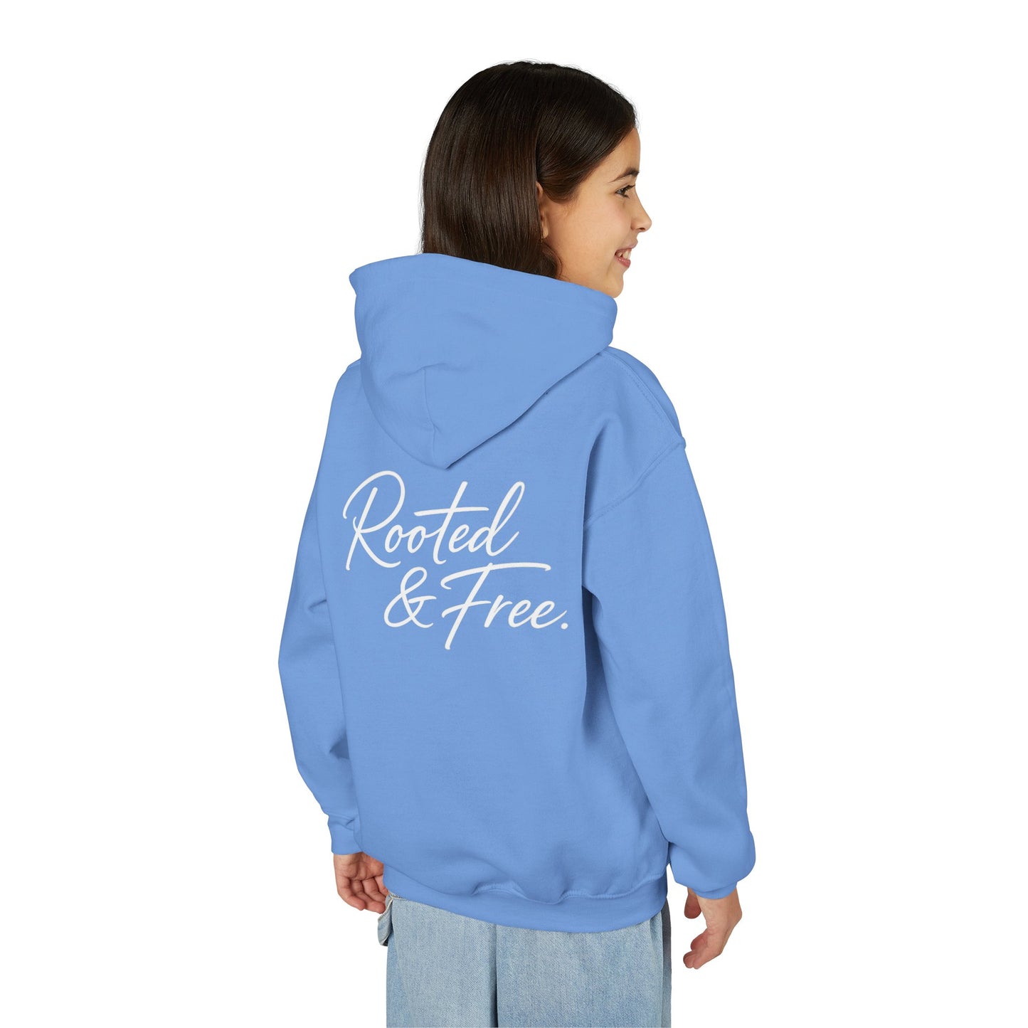 Youth Hoodie — "Rooted & Free" Script Back Design (Small Chest Logo)