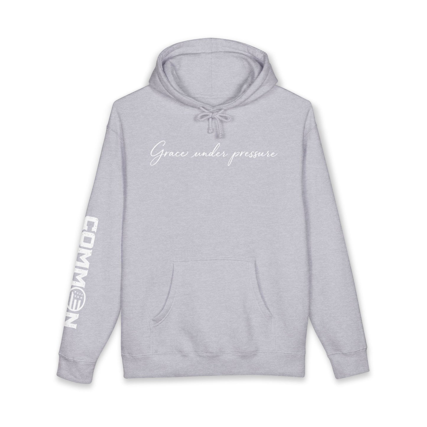 Grace Under Pressure Hoodie — 'Grace under pressure' Script Pullover with CommOn/Ground Sleeve Graphics
