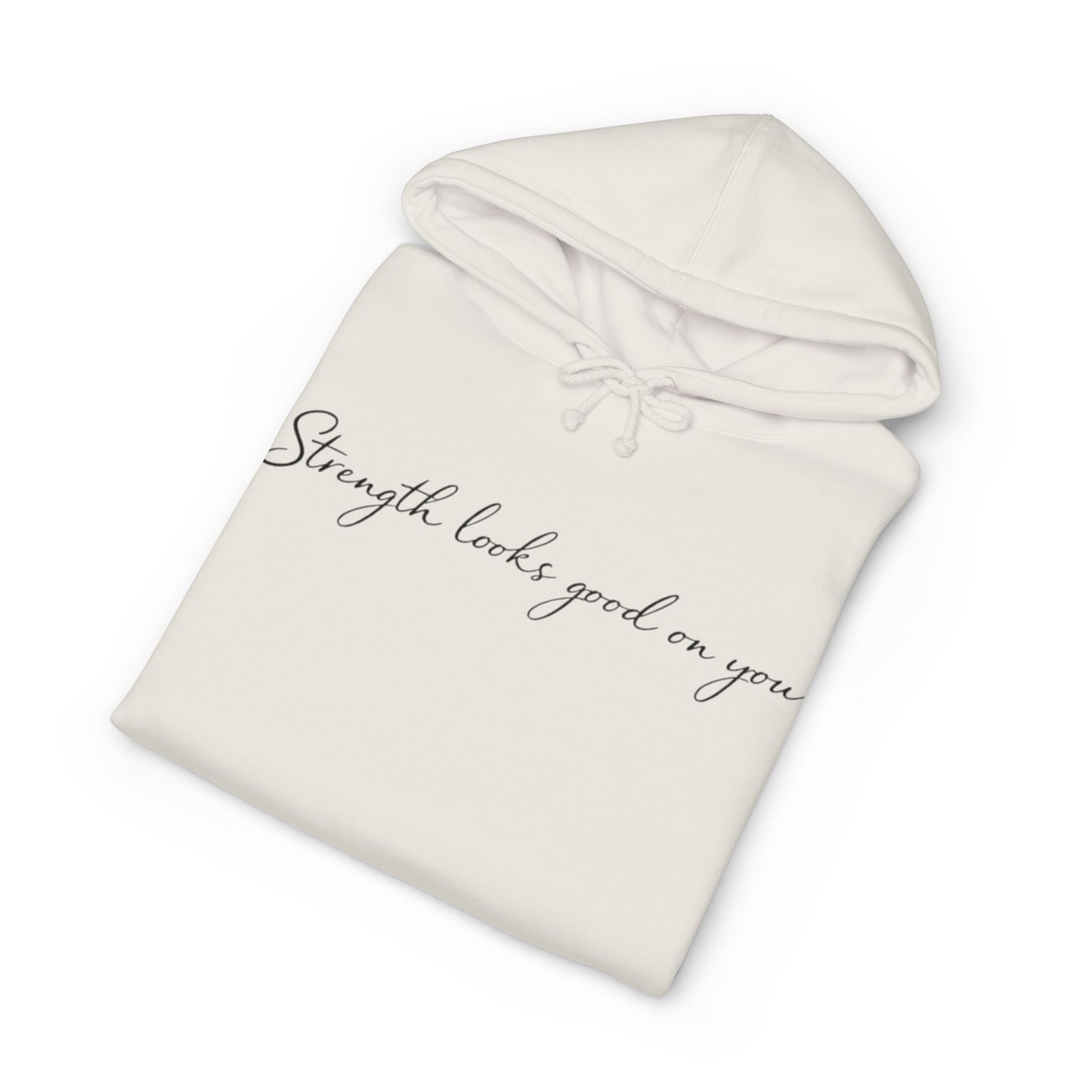Hoodie — “Strength Looks Good on You” Minimal Script Hoodie with Sleeve Branding