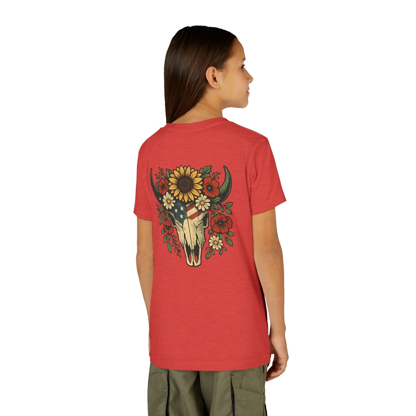 Youth Tee — Floral Bull Skull Graphic "Roots" Backprint