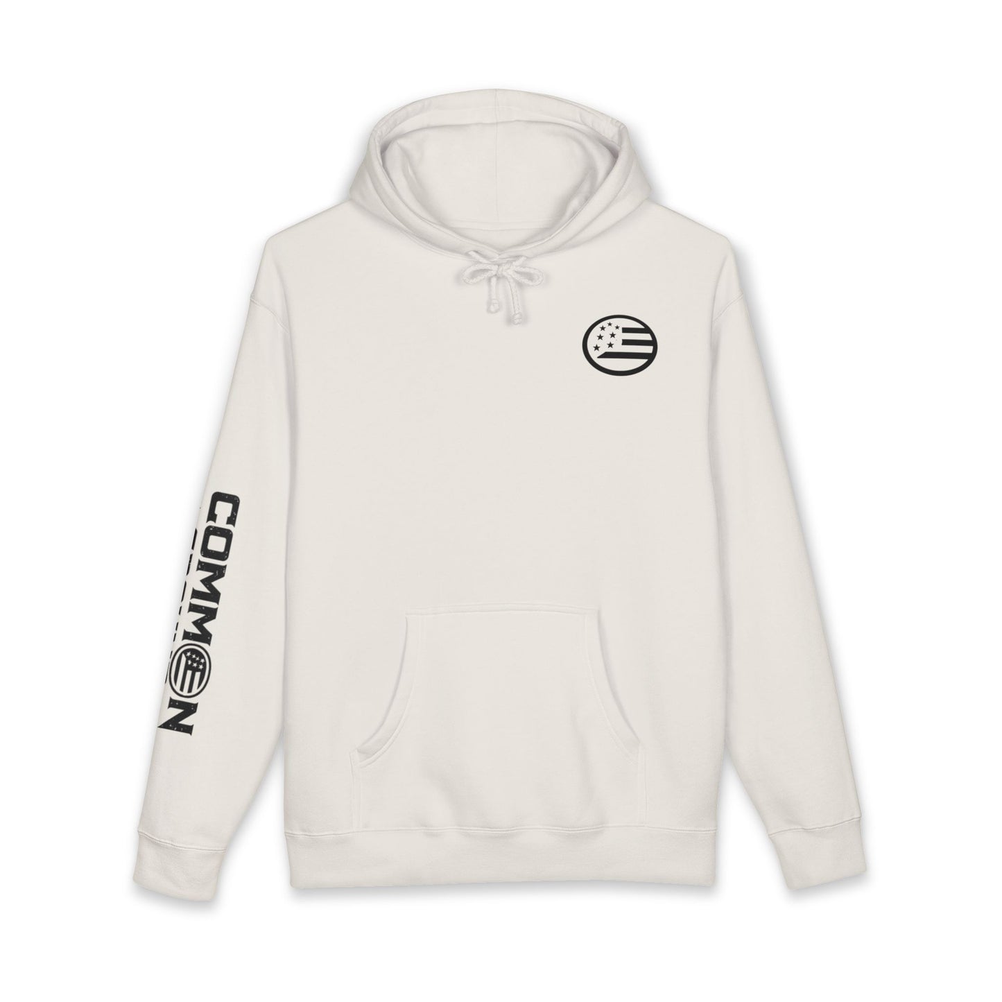 Common Apparel White Hoodie — Flag Patch Chest & Sleeve Logo Pullover