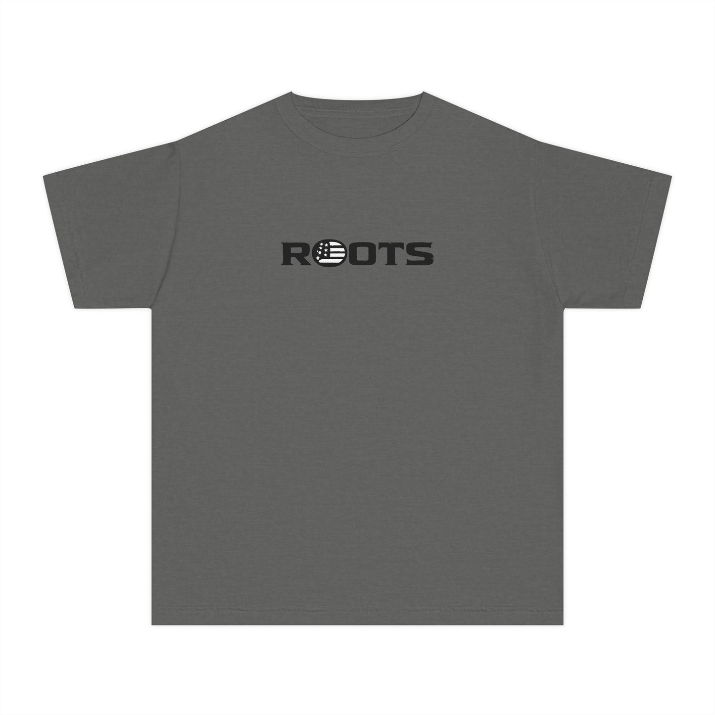 Youth Tee — 'ROOTS' Front Logo & Distressed American Flag Heart Back
