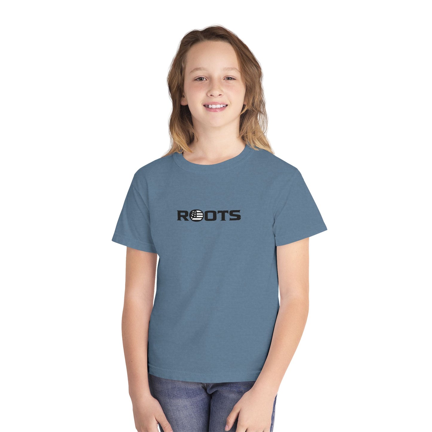 Youth Tee — 'ROOTS' Front Logo & Distressed American Flag Heart Back