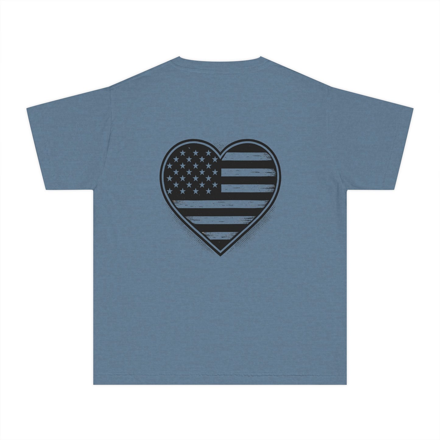 Youth Tee — 'ROOTS' Front Logo & Distressed American Flag Heart Back