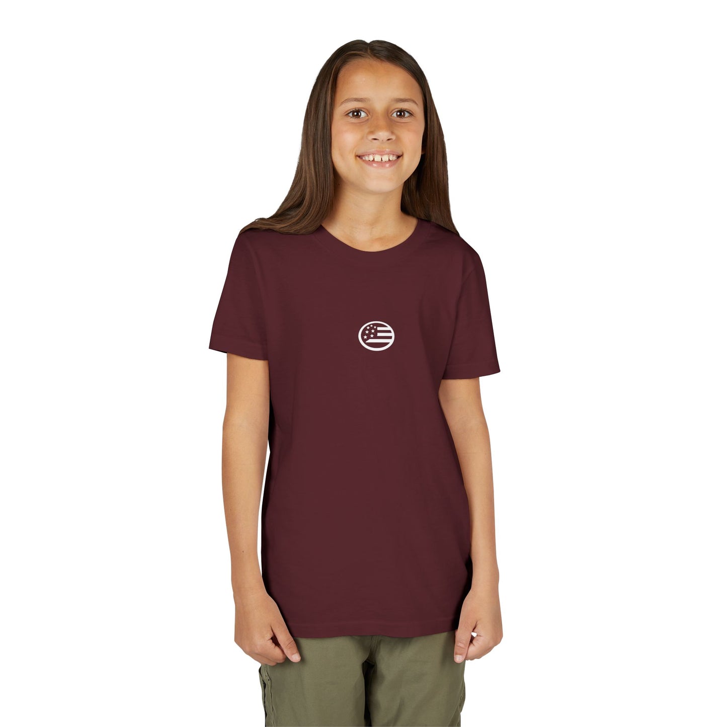 Youth Tee — "Rooted & Free" Script Back with Mini Crest Front