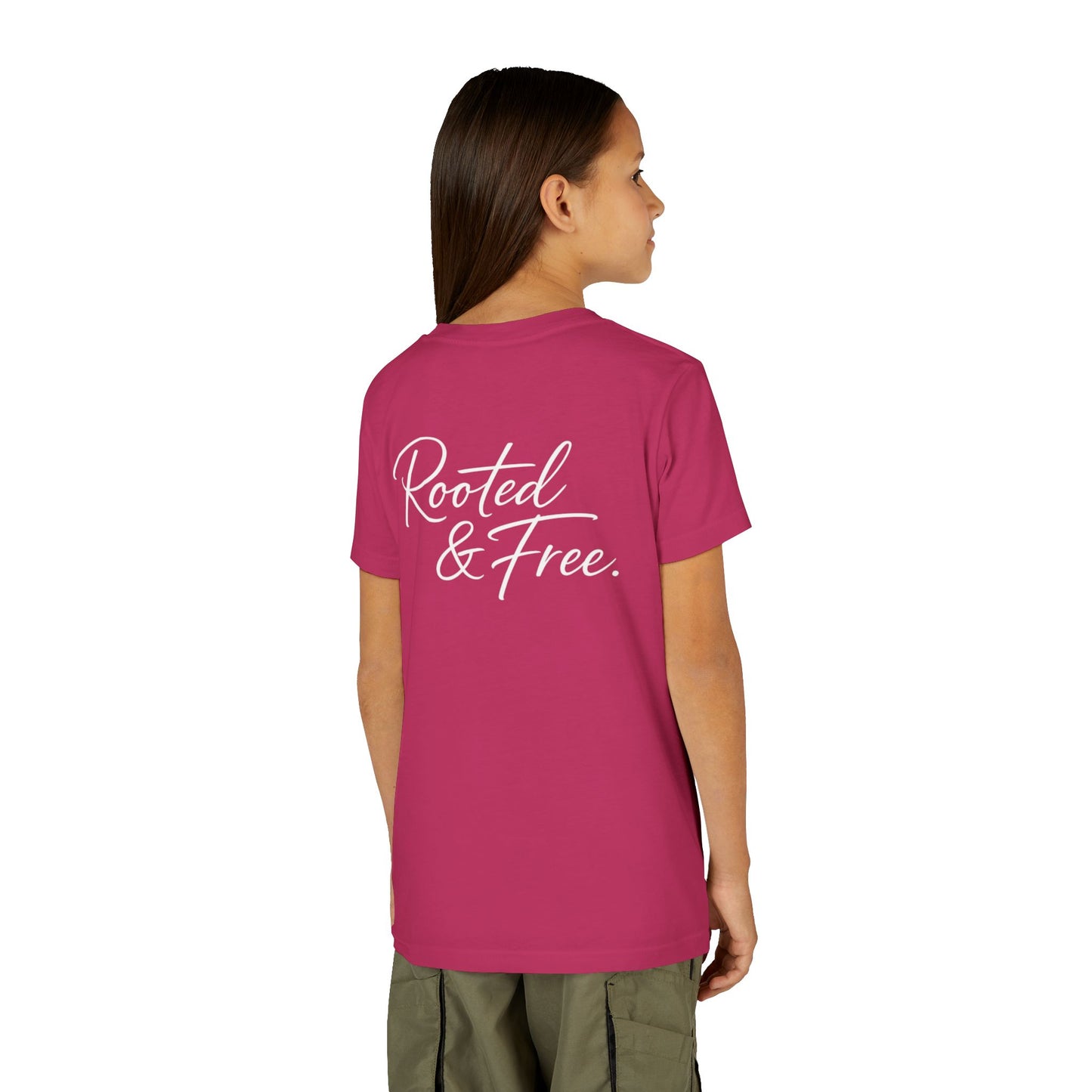 Youth Tee — "Rooted & Free" Script Back with Mini Crest Front