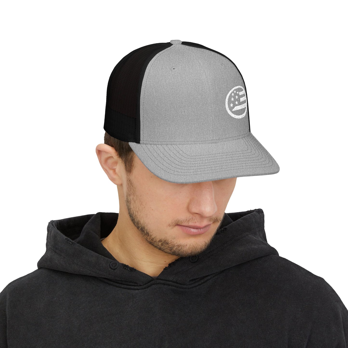 American Flag Circle Embroidered Trucker Hat — Snapback Mesh Cap