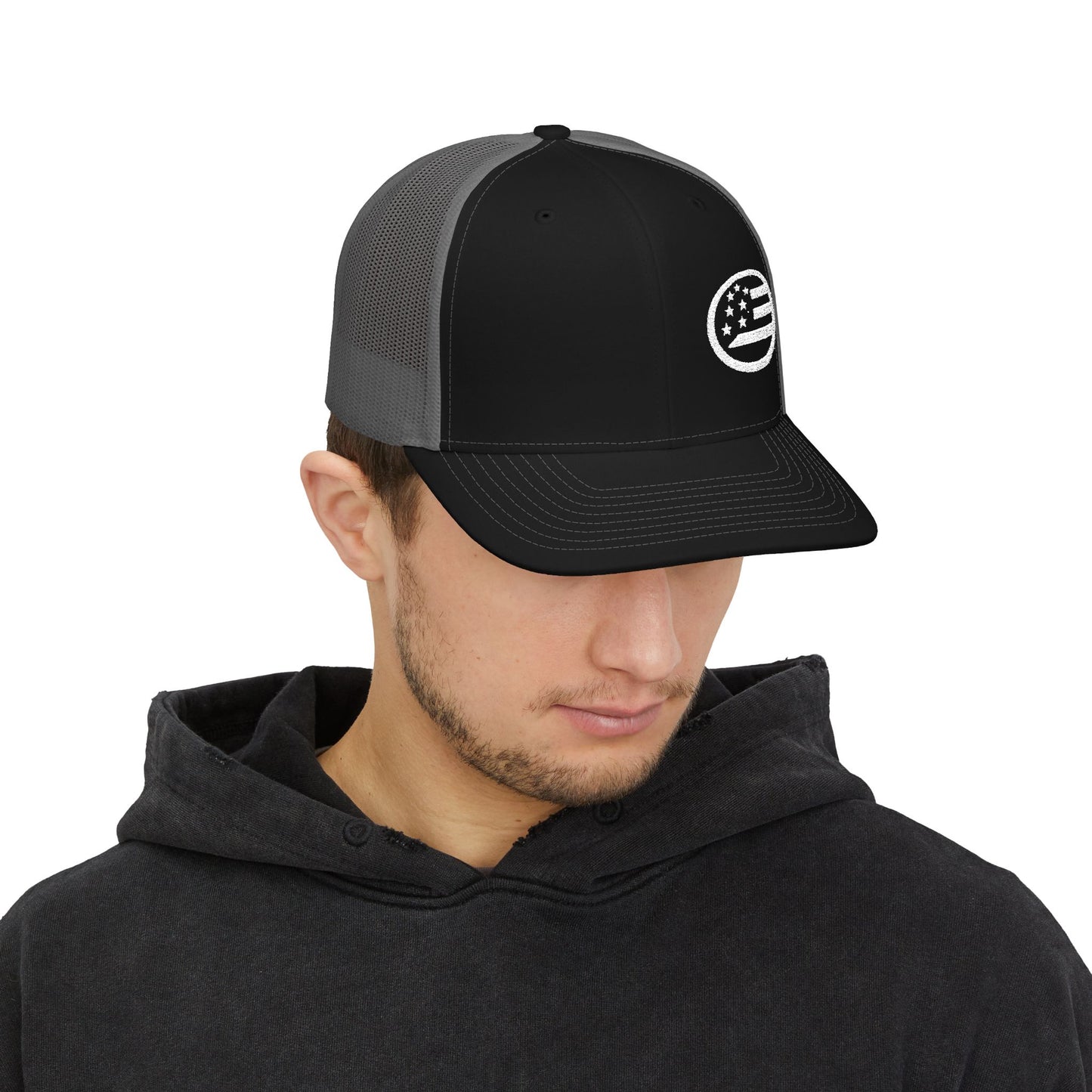 American Flag Circle Embroidered Trucker Hat — Snapback Mesh Cap