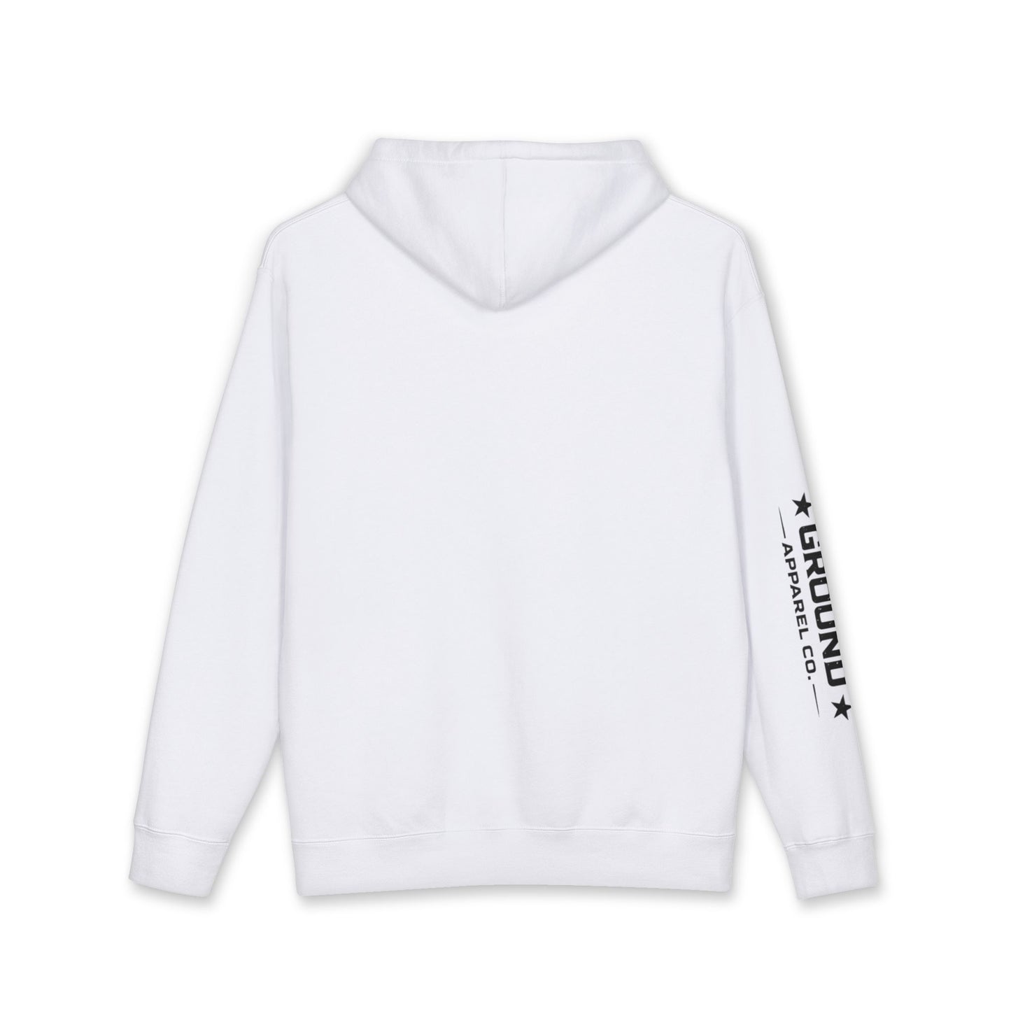 Common Apparel White Hoodie — Flag Patch Chest & Sleeve Logo Pullover
