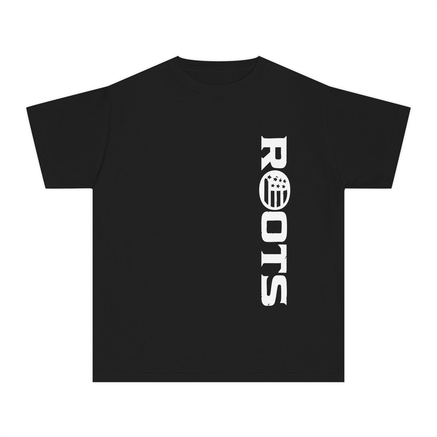 Roots Youth Tee — "Born Free. Raised Right." Vertical Logo Kids Shirt