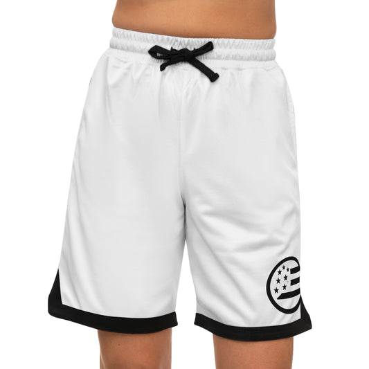 Basketball Shorts — White Ribbed Athletic Shorts with Black Trim & Flag Emblem